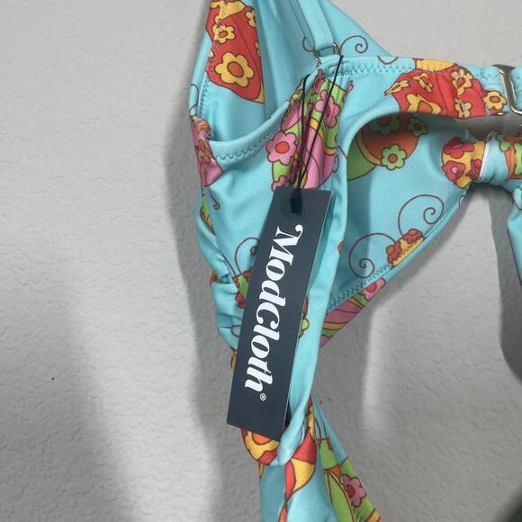 ModCloth Size Large The Siena One-Piece Swimsuit Blue Floral Tie Front Ladybug - Picture 6 of 10